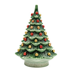 Ceramic Christmas tree, green glossy finish, isolated PNG for holiday decor.
