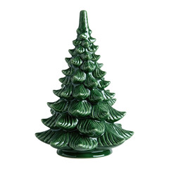 Ceramic Christmas tree, green glossy finish, isolated PNG for holiday decor.