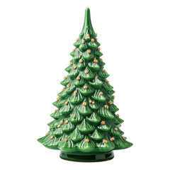 Ceramic Christmas tree, green glossy finish, isolated PNG for holiday decor.
