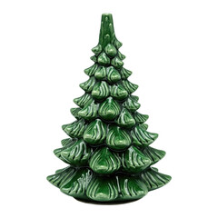 Ceramic Christmas tree, green glossy finish, isolated PNG for holiday decor.