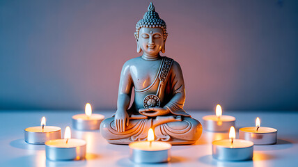 Buddha statue surrounded by lit candles on a reflective surface