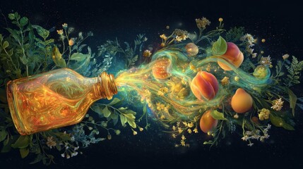 Obraz premium Enchanted Elixir - A Bottle of Peach Magic and Floral Dreams.