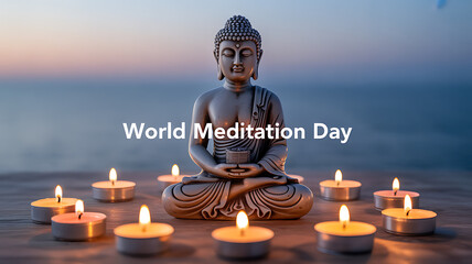 Buddha statue surrounded by lit candles at sunset, celebrating World Meditation Day