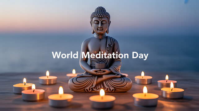 Buddha statue surrounded by lit candles at sunset, celebrating World Meditation Day
