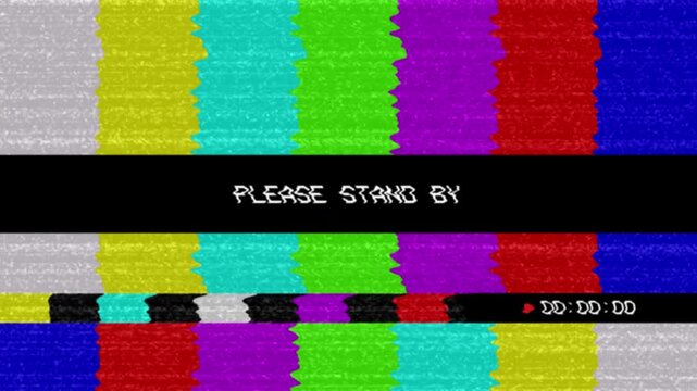 Retro Television Test Pattern with 'Please Stand By' on error video damage bad interference and no signal with glitch distortion .TV static classic pattern. 4k animation video
