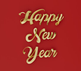 Festive Golden Happy New Year Typography on Red Backdrop. 3d rendering illustration not AI