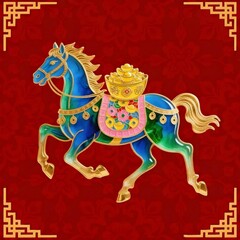 鮮やかな青と金の馬の像 赤い花柄の背景