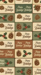 Festive happy holidays seamless pattern with pine cones and holly berries, perfect for wrapping paper, cards, and seasonal designs