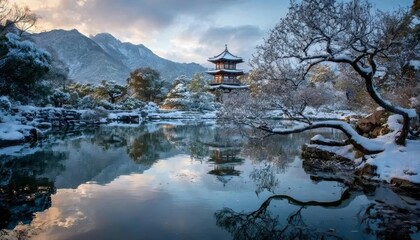 雪の庭園の水面反射と建築物の冬景色