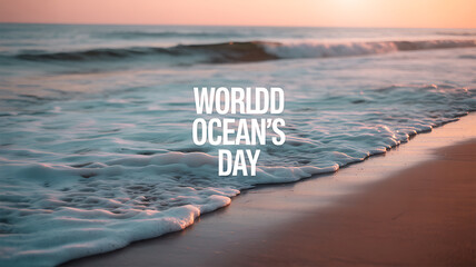 World Ocean's Day celebrated with a serene beach scene at sunset, featuring gentle waves and soft foam on the shore.