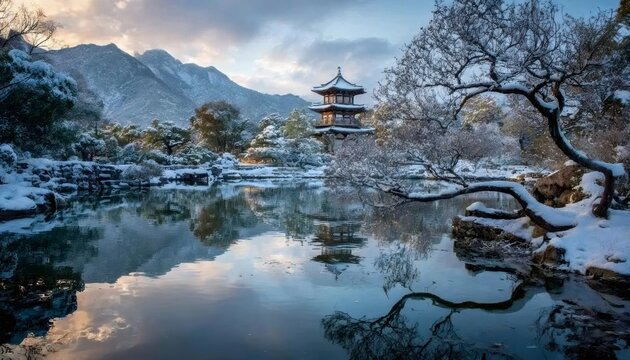 雪の庭園の水面反射と建築物の冬景色