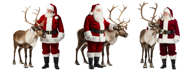 Collection of Happy Santa Claus with reindeer isolated on white or transparent background