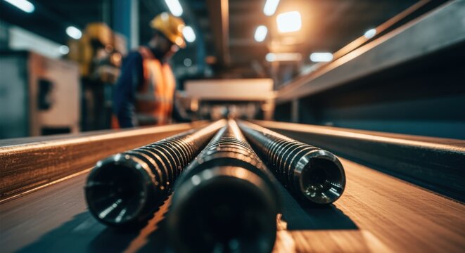 Highresolution image of geothermal drill string threads aligned on an industrial conveyor for quality control checks.