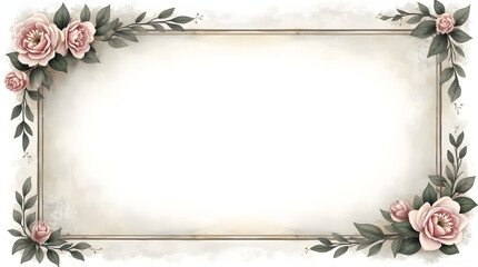Elegant Floral Frame with Pink Roses and Green Leaves Suitable for Invitations