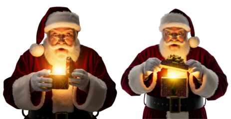 Collection of Happy Santa Claus open light gift box isolated on white or transparent background