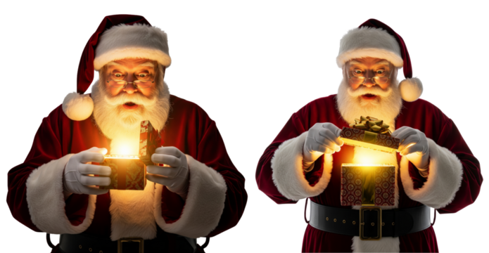 Collection of Happy Santa Claus open light gift box isolated on white or transparent background