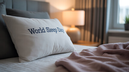 A cozy bedroom scene featuring a pillow with 'World Sleep Day' text, soft lighting, and a neatly arranged bed.