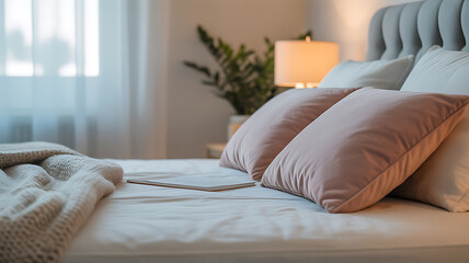 Cozy bedroom with neatly arranged bed, soft pillows, and warm lighting
