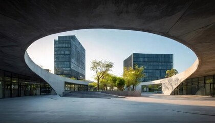 コンクリートアーチ越しに見る現代建築都市の風景