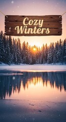 Serene cozy winters scene with a wooden sign over a snowcovered forest and lake at sunset, perfect for winterthemed designs and cards
