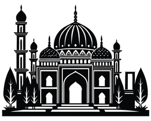 Minimalist black and white mosque silhouette for islamic architecture and religious design