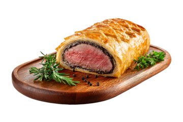 Delicious beef wellington for illustration advertising on wooden plate isolated on transparent background.
