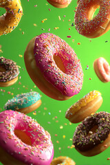Colorful donuts with sprinkles floating against a vibrant green background, creating a playful scene