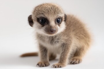 Fototapeta premium Adorable Meerkat Pup Sitting on White Background