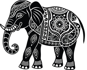 Intricate black and white decorative indian elephant line art for cultural and animal themed designs