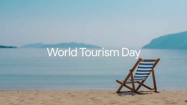A beach chair on a sandy shore overlooking calm waters with 'World Tourism Day' text overlay