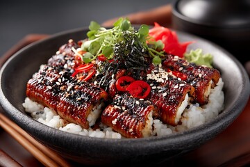 Grilled eel dish with rice served in a Japanese restaurant setting, captured in a close-up food photography style, showcasing culinary art.