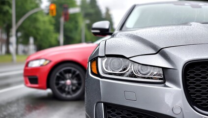 A close-up shot showcases the front of a silver car, with a blurred red car in the background, hinting at a rainy day.