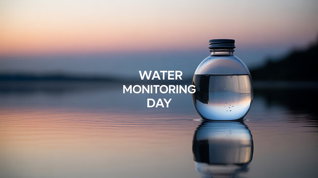 Water Monitoring Day celebrated with a clear bottle of water placed on a reflective surface at sunset - Powered by Adobe