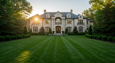 Beautiful luxury mansion with manicured front lawn.