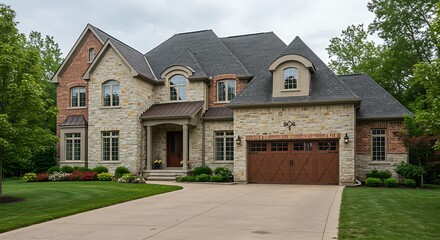 Large two story stone and brick residential home with garage in front containing plenty of copy space,