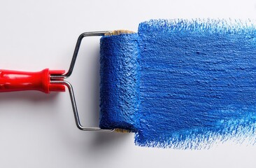 Paint roller leaving a vibrant blue paint stroke on white background