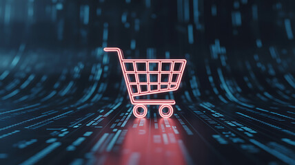 Neon shopping cart icon on digital data stream background
