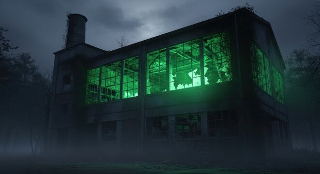 Abandoned factory with glowing green windows stands eerily in the misty night