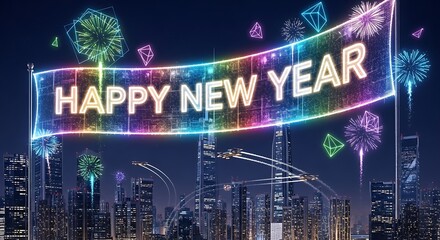 A vibrant happy new year banner illuminates the city skyline with colorful fireworks exploding in the background, symbolizing celebration and joy
