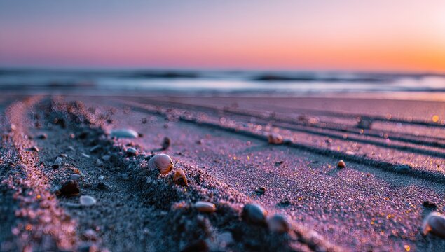 Textured beach sand with tire tracks and shells at colorful twilight sky.