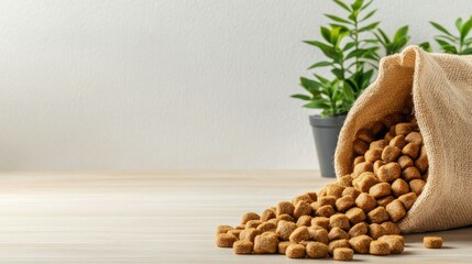 Bag of dry dog food with kibble on wooden surface, natural light, minimalist pet care background with plant