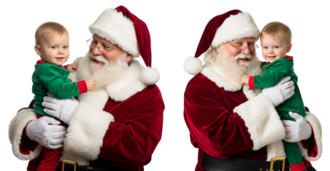 Collection of Happy Santa Claus hug baby isolated on white or transparent background
