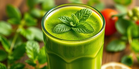 Vibrant green smoothie in glass, garnished with fresh mint, kale, clean eating