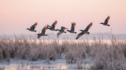 Flock of birds flying over a frozen wetland at sunrise or sunset