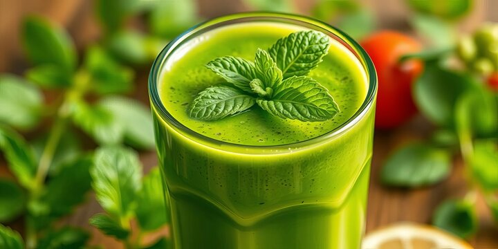 Vibrant green smoothie in glass, garnished with fresh mint,  kale,   clean eating