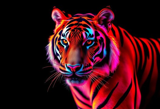 Vibrant neon-colored tiger with glowing stripes against a black background, neon tiger, mammal
