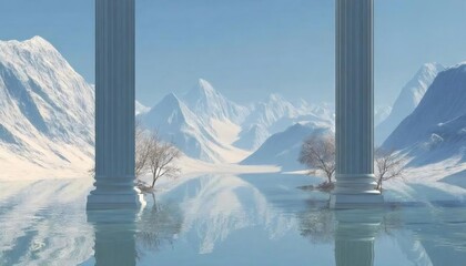 澄んだ水面に映る雪山