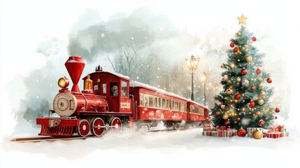 red toy train running through snow, with small Christmas tree beside it, against backdrop of blurred Christmas lights.