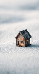 Miniature rustic wooden house model placed on a soft textured white surface.