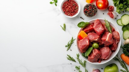 Fresh raw dog food with meat chunks and vegetables on minimalist background with copy space